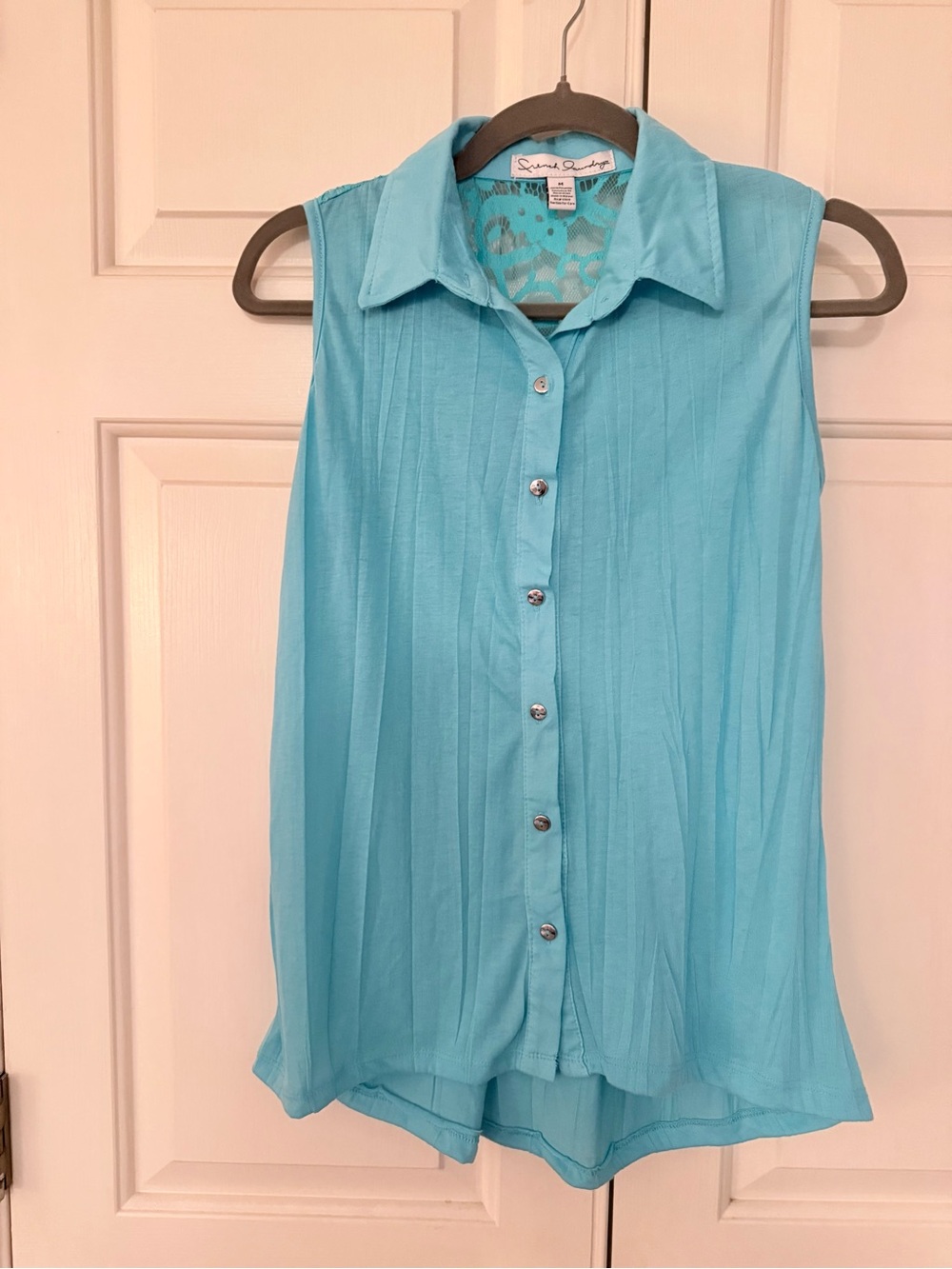 French Laundry Sleeveless Button-Up Top in Aqua Blue